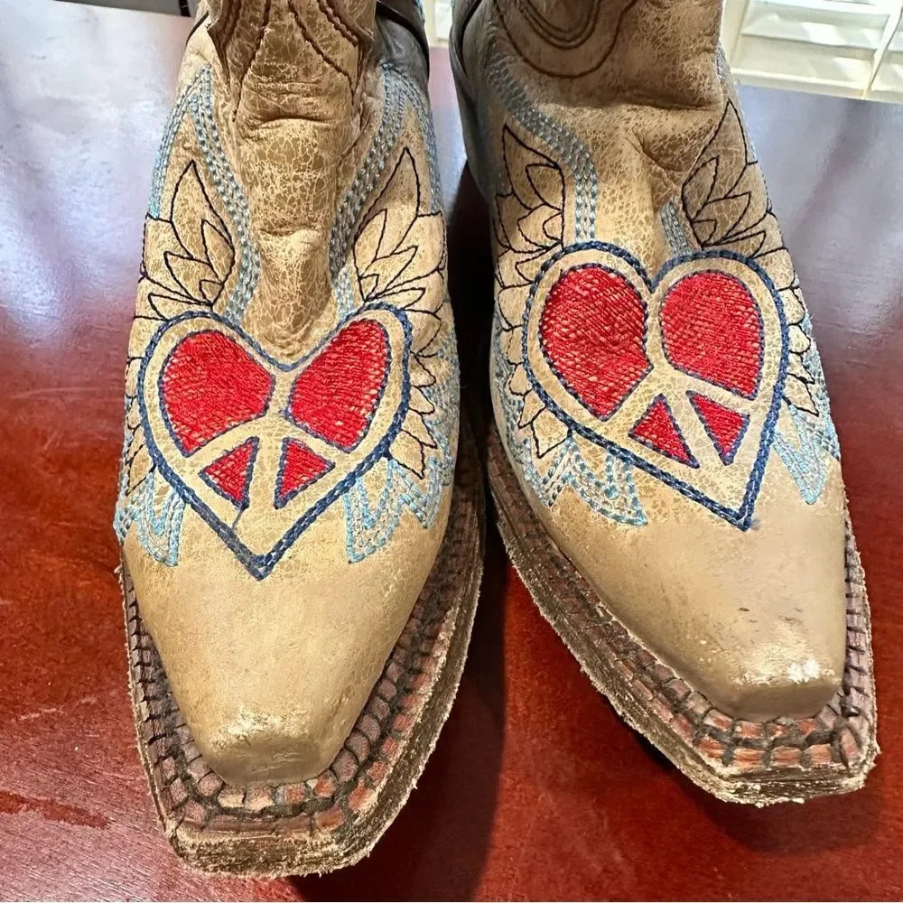 Corral Tan Leather Kids Cowboy Boots with Red Heart and Blue Wing Embroidery